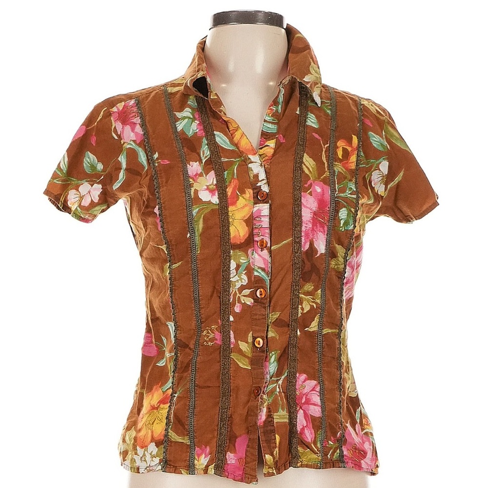 Floral Hawaiian Tropical Brown Button-Up Women's Top